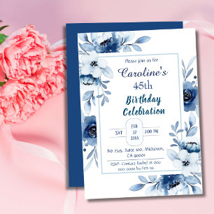 Invitation Elégant bleu 45ème anniversaire tonalités florales