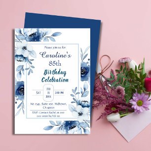 Invitation Elégant bleu 85ème anniversaire tonalités florales