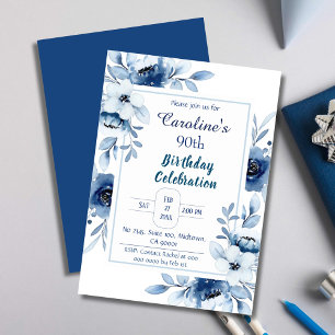 Invitation Elégant bleu 90e anniversaire tonalités florales d