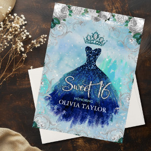 Invitation Elégant bleu aqua floral parties scintillant gown 