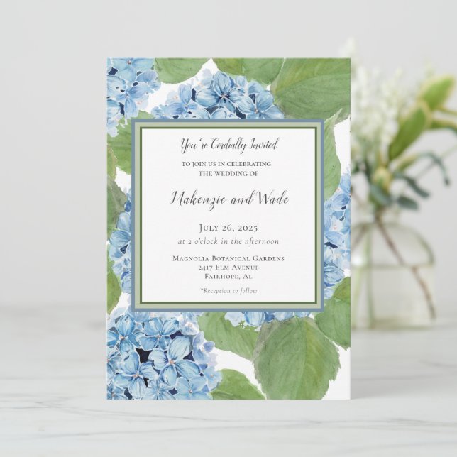 Invitation Elégant bleu aquarelle Hydrangea Floral Mariage (Debout devant)