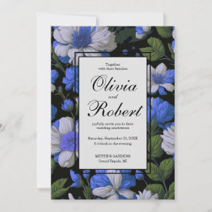 Invitation Elégant bleu argenté blanc élégant floral rétro