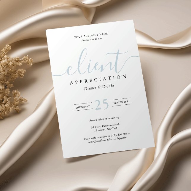 Invitation Élégant Bleu & Blanc Client Appréciation Business (Elegant client appreciation event business invitations in pastel blue and white)