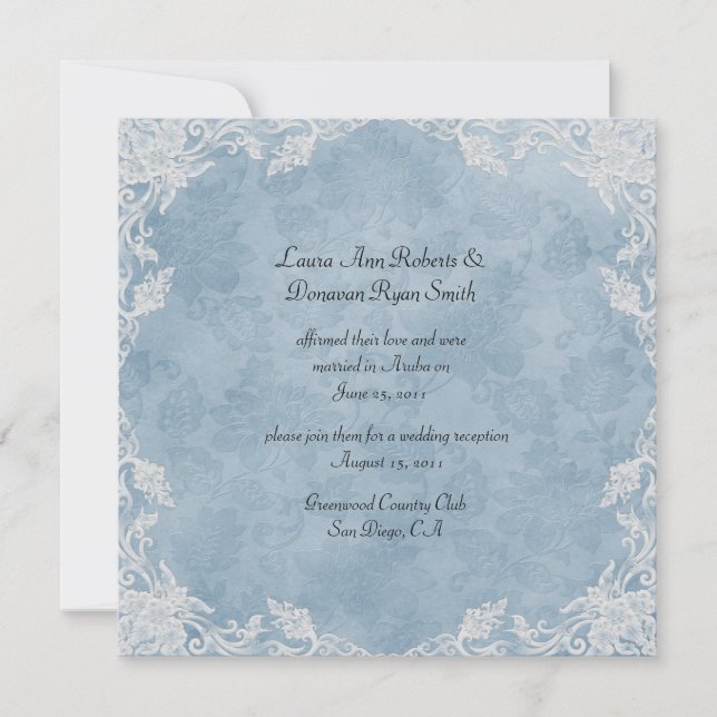 Invitation Elégant Bleu Blanc Floral Damask Post Mariage (Devant)