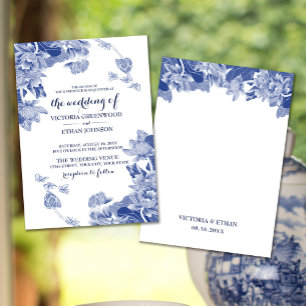 Invitation Elégant Bleu Blanc Lotus Chinoiserie Chic Mariage