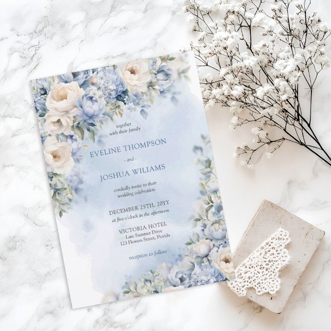Invitation Elégant bleu & blanc roses mariage d'or eucalyptus (Watercolor light blue and white roses greenery wedding digital invitation)