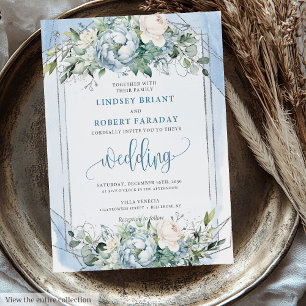 Invitation Elégant bleu bleu blanc peonies d'argent Mariage