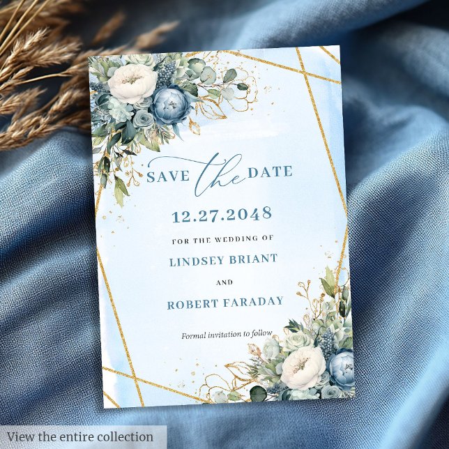Invitation Élégant bleu bleu bleu blanc or floral Enregistrer (Elegant Dusty Blue White Gold Floral Save The Date)