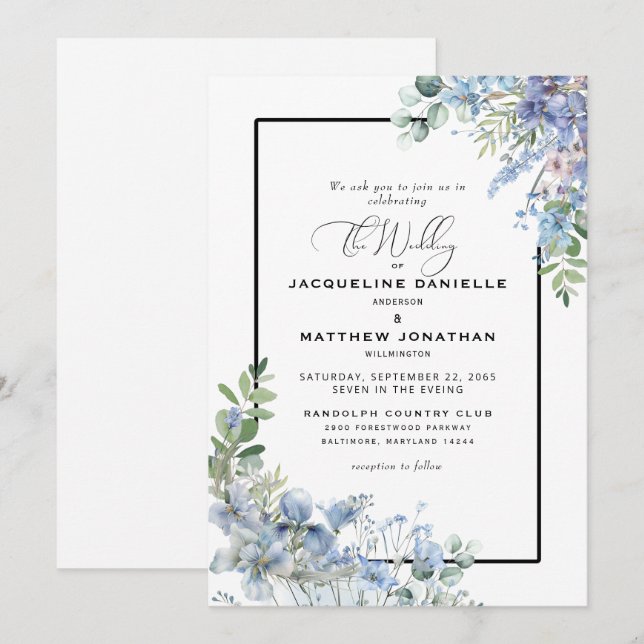 Invitation Elégant bleu bleu bleu floral Mariage (Devant / Derrière)