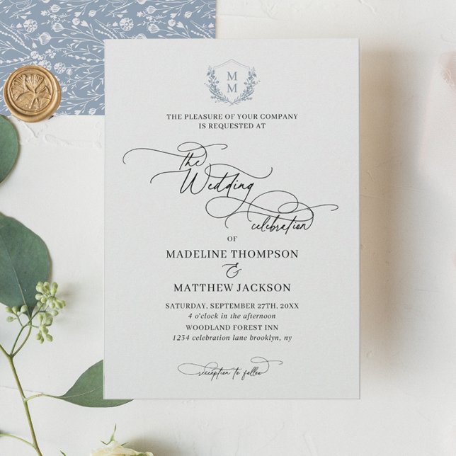 Invitation Elégant bleu bleu floral Crest Mariage (Créateur téléchargé)