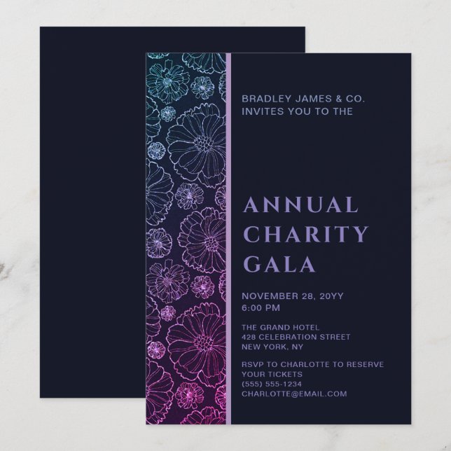 Invitation Élégant Bleu Botanique Organiser un Gala (Devant / Derrière)