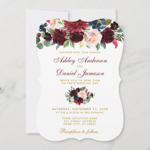 Invitation Elégant bleu Bourgogne Aquarelle Mariage Floral W