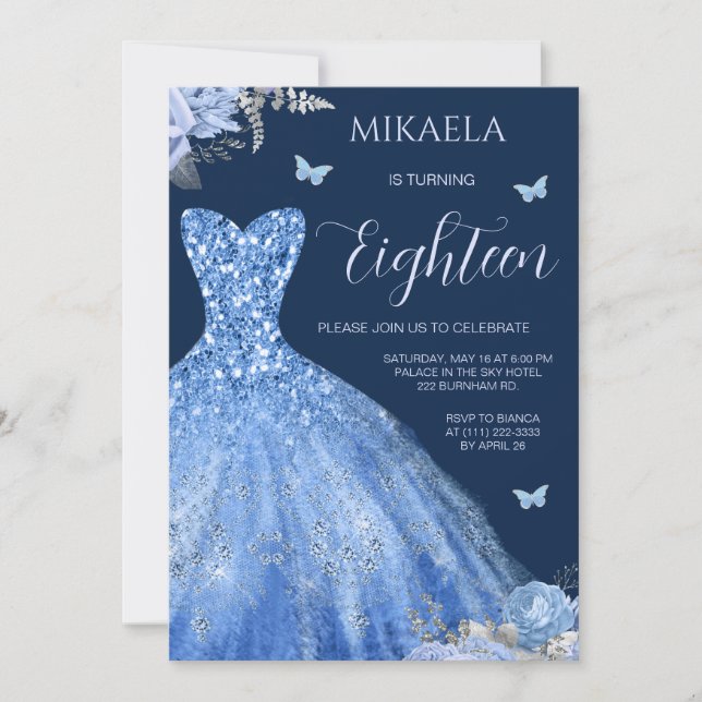 Invitation Elégant bleu clair Gown Floral 18e anniversaire (Devant)