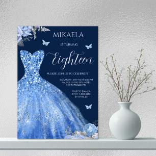 Invitation Elégant bleu clair Gown Floral 18e anniversaire