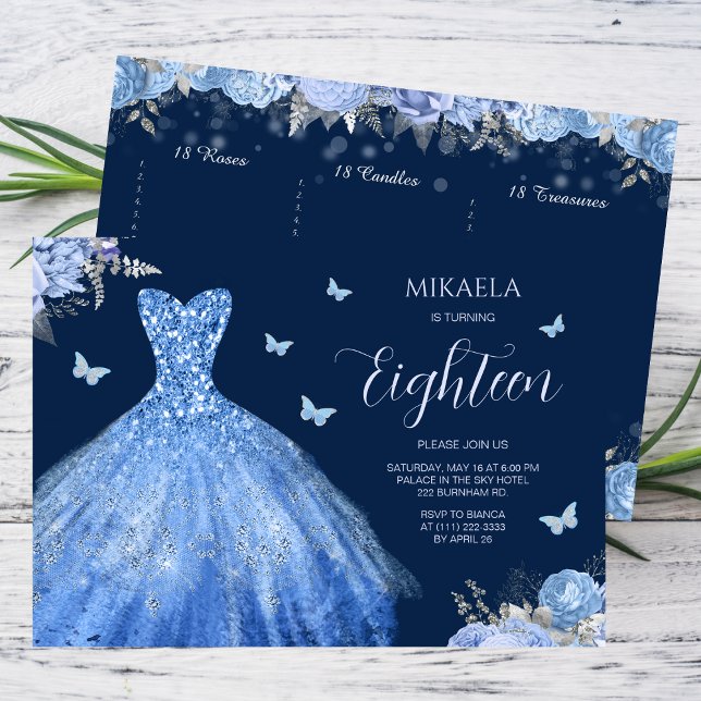 Invitation Elégant bleu clair Gown Floral 18e anniversaire (Créateur téléchargé)