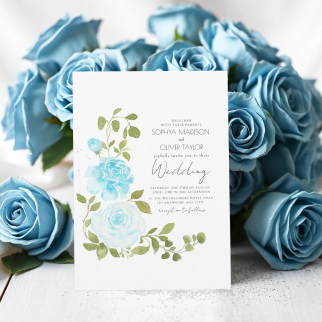 Invitation Élégant bleu clair Roses Floral Botanique (Créateur téléchargé)