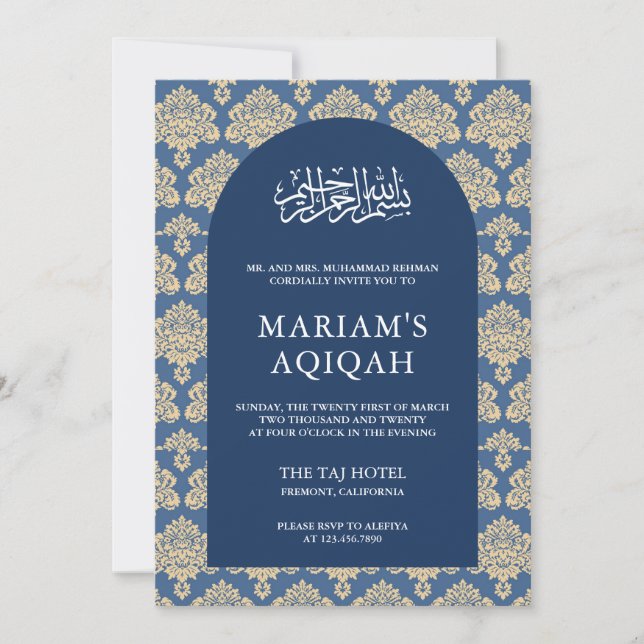 Invitation Élégant bleu Damas Arabian Arch Aqiqah (Devant)
