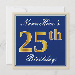 Invitation Elégant, Bleu, Doré Faux 25e Anniversaire + Nom