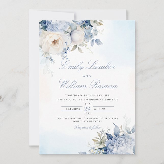 Invitation Elégant bleu Dusty Aquarelle Boho Floral Mariage (Devant)