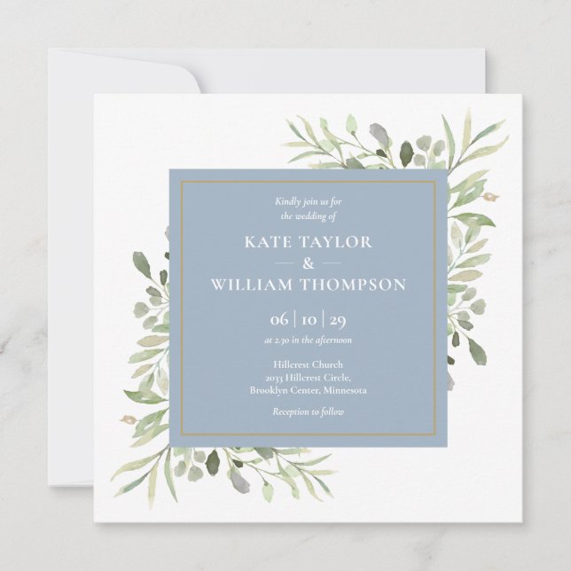 Invitation Elégant bleu Dusty Aquarelle vert Mariage (Devant)