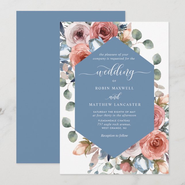 Invitation Elégant bleu Dusty Blissful Floral Mariage (Devant / Derrière)