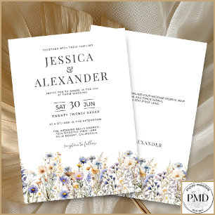 Invitation Elégant bleu Dusty Fleur sauvage Mariage blanc