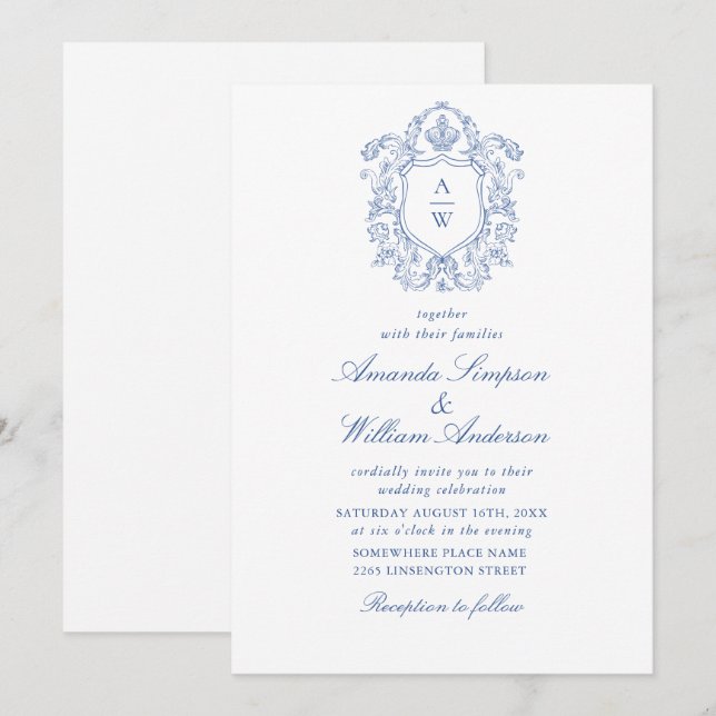 Invitation Elégant bleu Dusty Jardin Français Mariage Floral (Devant / Derrière)