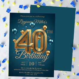 Invitation Elégant Bleu et Ballons d'or 40ème anniversaire