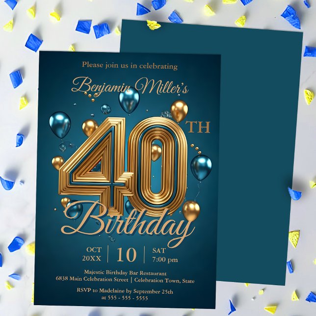 Invitation Elégant Bleu et Ballons d'or 40ème anniversaire (Créateur téléchargé)