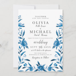 Invitation Elégant bleu et blanc aquarelle mariage floral