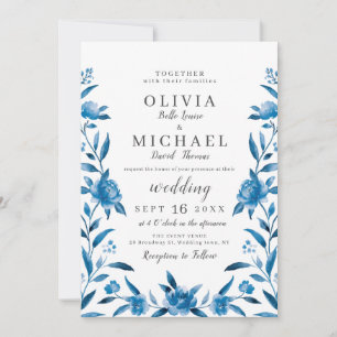 Invitation Elégant bleu et blanc aquarelle mariage floral