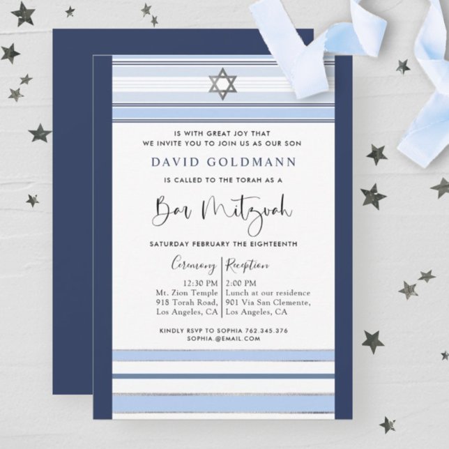 Invitation Élégant bleu et blanc rayé Tallit Bar Mitzvah (Créateur téléchargé)