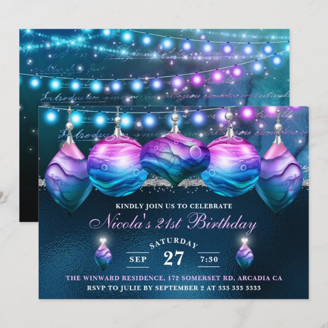 Invitation Elégant bleu et mauve sirène Baubles Anniversaire (Devant / Derrière)