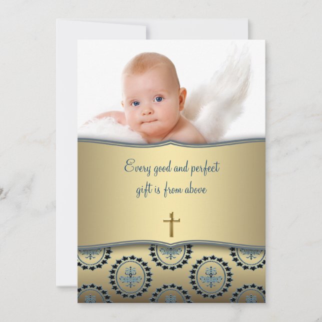 Invitation Elégant Bleu et Or Baby Boy Photo Christening (Devant)