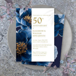 Invitation Élégant Bleu Et Or Floral 50e Anniversaire