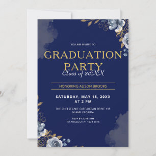 Invitation Élégant Bleu et Or Graduation