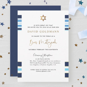 Invitation Élégant Bleu et Or rayé Tallit Bar Mitzvah