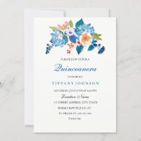 Elégant bleu et pêche Floral Quinceanera Invitatio