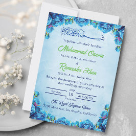 Invitation Élégant bleu et vert Floral Mariage islamique