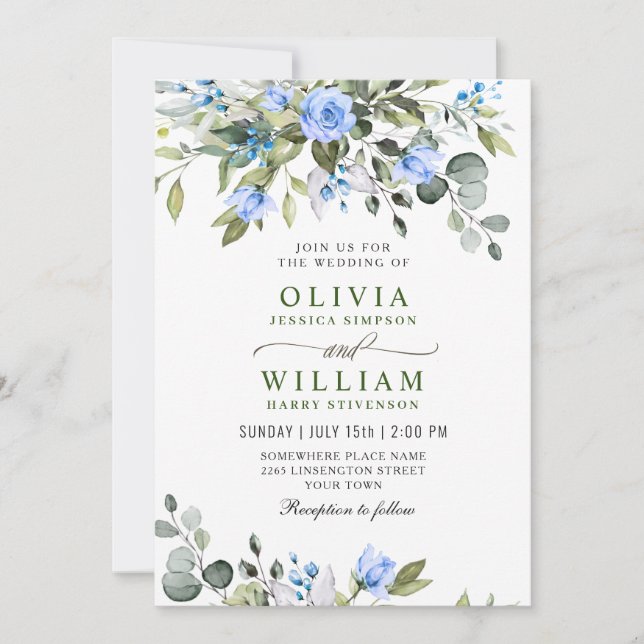 Invitation Elégant bleu Eucalyptus Rose Mariage vert (Devant)