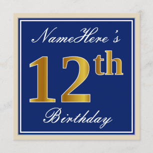 Invitation Elégant, Bleu, Faux Gold 12e anniversaire + Nom