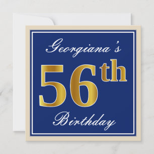 Invitation Elégant, Bleu, Faux Gold 56e anniversaire + Nom