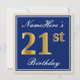 Invitation Elégant, Bleu, Faux Or 21ème Anniversaire + Nom