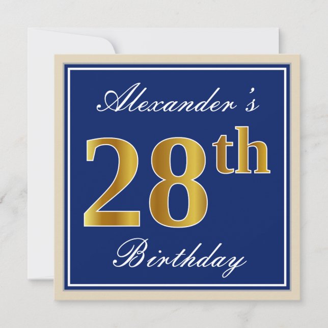 Invitation Elégant, Bleu, Faux Or 28ème Anniversaire + Nom (Devant)