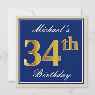 Invitation Elégant, Bleu, Faux Or 34ème Anniversaire + Nom