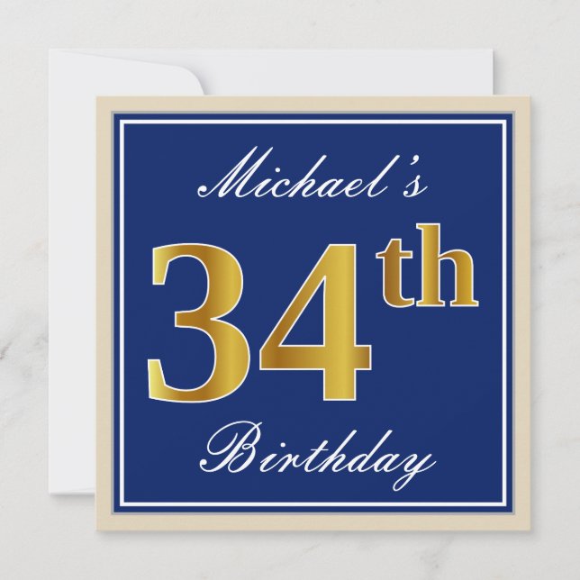 Invitation Elégant, Bleu, Faux Or 34ème Anniversaire + Nom (Devant)