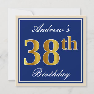 Invitation Elégant, Bleu, Faux Or 38ème Anniversaire + Nom