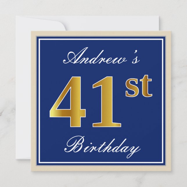 Invitation Elégant, Bleu, Faux Or 41ème Anniversaire + Nom (Devant)