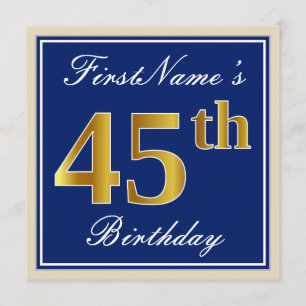 Invitation Elégant, Bleu, Faux Or 45ème Anniversaire + Nom