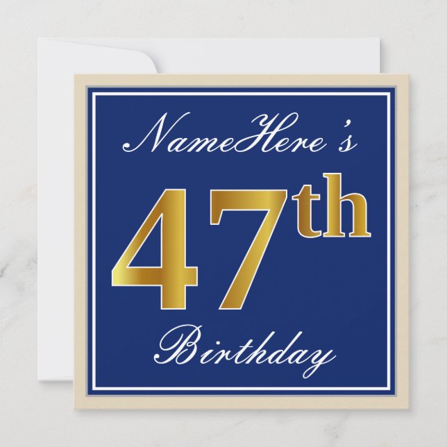 Invitation Elégant, Bleu, Faux Or 47ème Anniversaire + Nom (Devant)